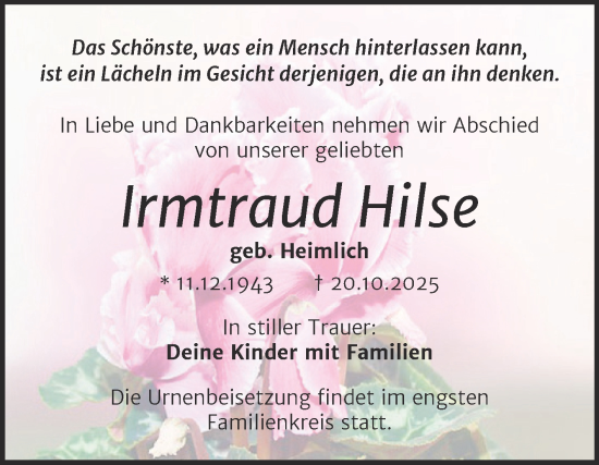 Traueranzeige von Irmtraud Hilse von Trauerkombi Merseburg