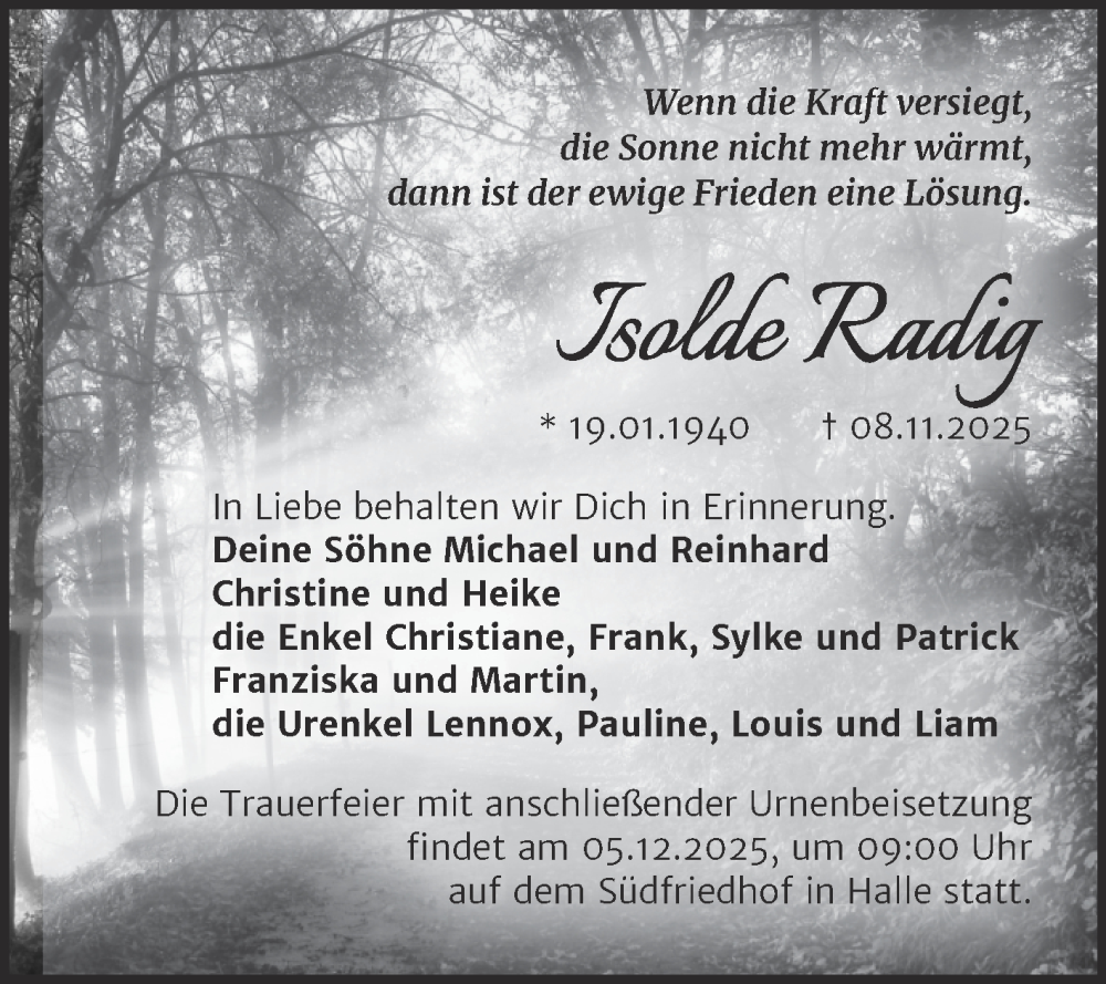  Traueranzeige für Isolde Radig vom 22.11.2025 aus Mitteldeutsche Zeitung Halle/Saalkreis
