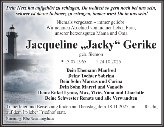 Traueranzeige von Jacqueline Gerike von Volksstimme Magdeburg