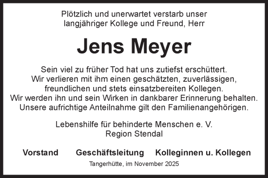 Traueranzeige von Jens Meyer von Volksstimme Altmark Ost