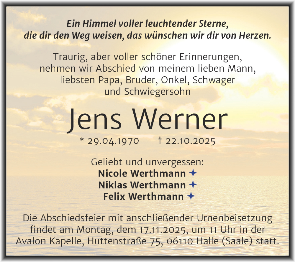  Traueranzeige für Jens Werner vom 01.11.2025 aus Mitteldeutsche Zeitung Halle/Saalkreis
