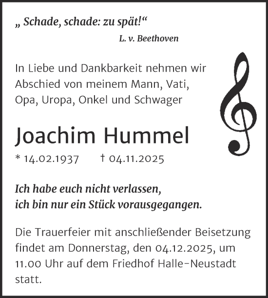 Traueranzeige von Joachim Hummel von Mitteldeutsche Zeitung Halle/Saalkreis