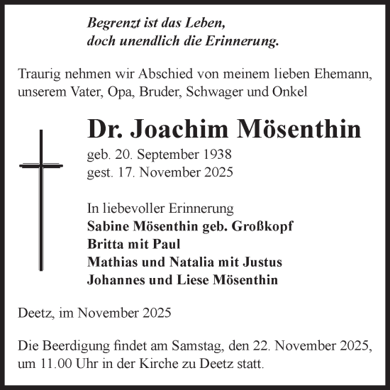 Traueranzeige von Joachim Mösenthin von Volksstimme Zerbst