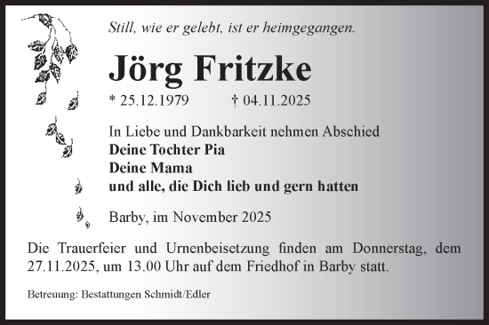Traueranzeige von Jörg Fritzke von Volksstimme Schönebeck