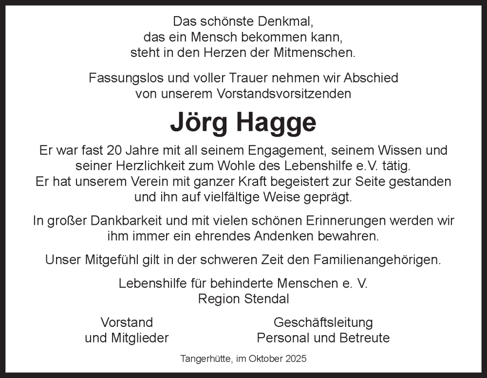  Traueranzeige für Jörg Hagge vom 01.11.2025 aus Volksstimme Altmark Ost