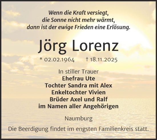 Traueranzeige von Jörg Lorenz von Super Sonntag Naumburg/Nebra