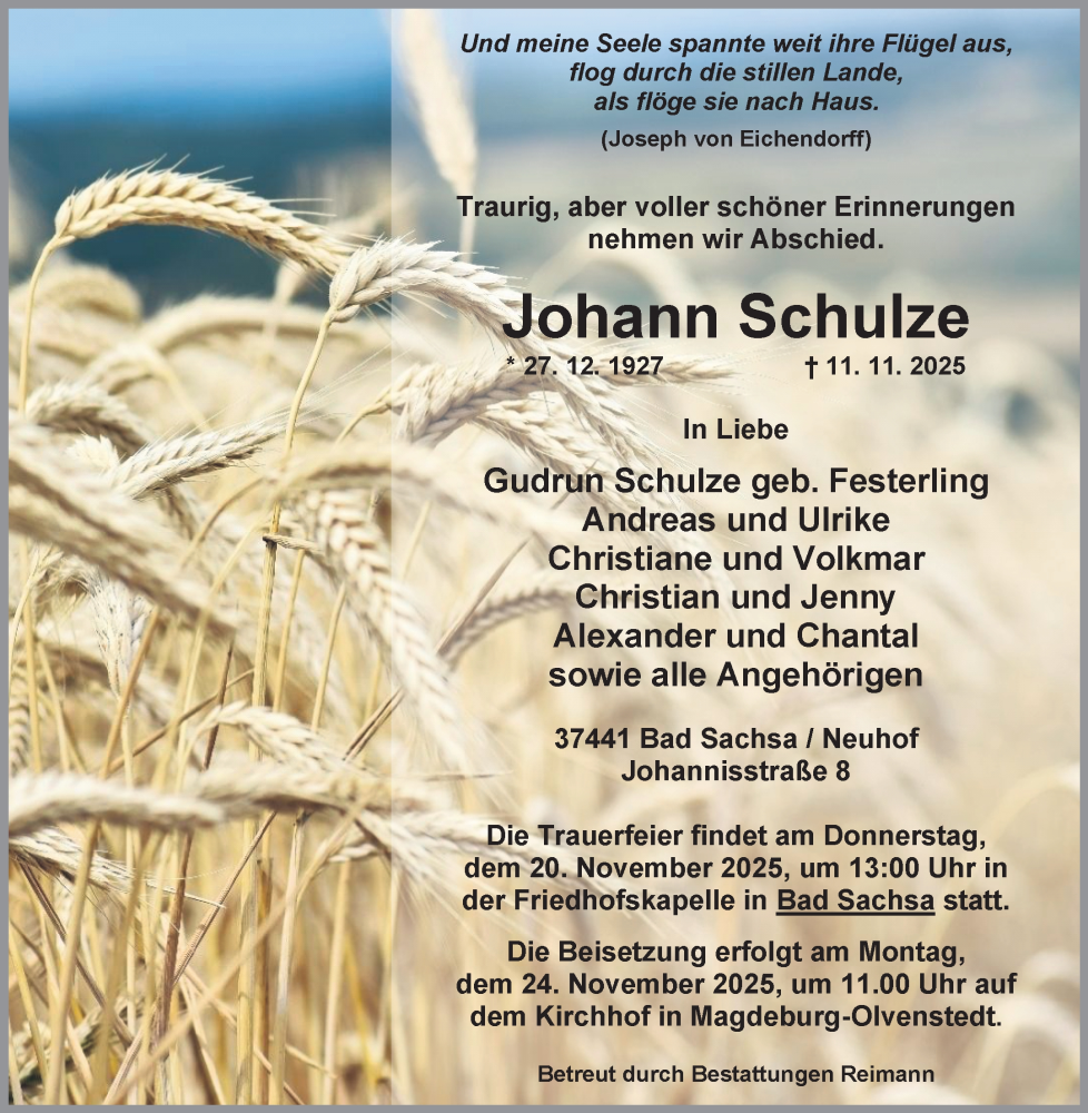  Traueranzeige für Johann Schulze vom 15.11.2025 aus Volksstimme Magdeburg