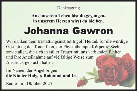 Traueranzeige von Johanna Gawron von Volksstimme Schönebeck