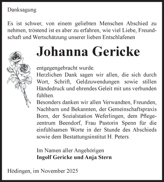 Traueranzeige von Johanna Gericke von Volksstimme Haldensleben/Wolmirstedt