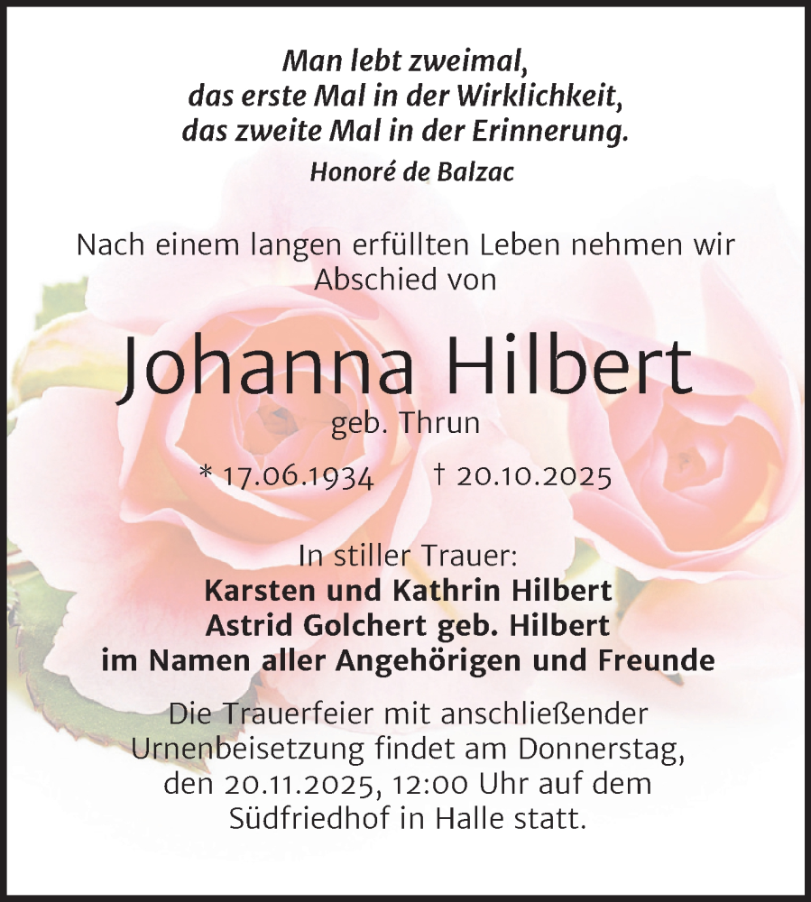  Traueranzeige für Johanna Hilbert vom 01.11.2025 aus Mitteldeutsche Zeitung Halle/Saalkreis