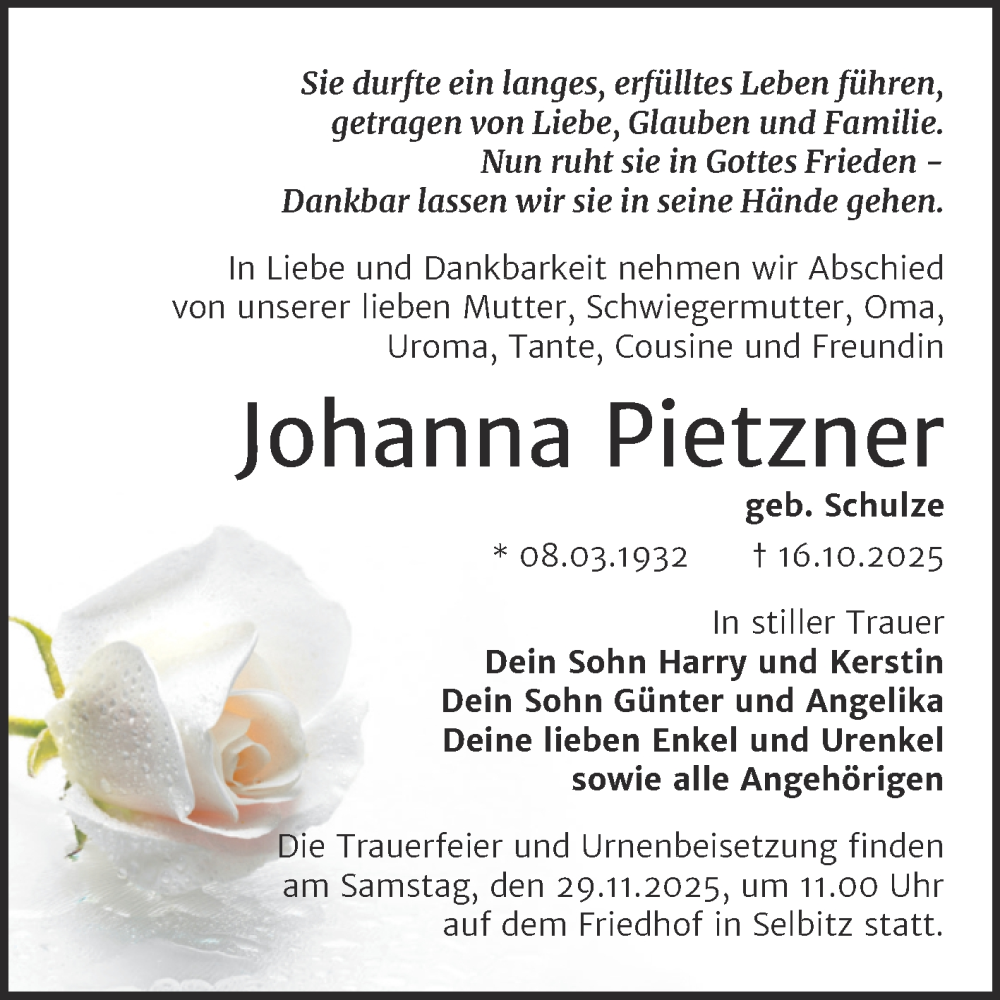  Traueranzeige für Johanna Pietzner vom 15.11.2025 aus Trauerkombi Wittenberg