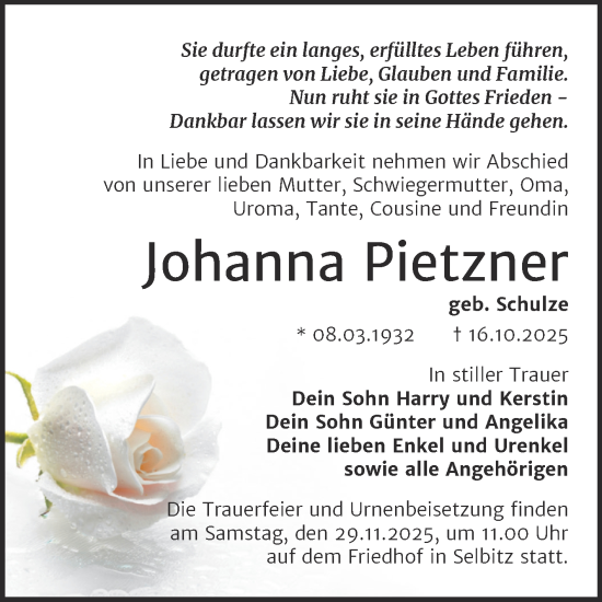 Traueranzeige von Johanna Pietzner von Trauerkombi Wittenberg