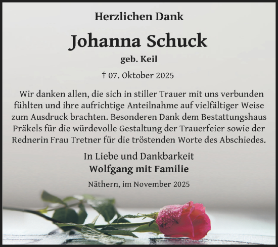 Traueranzeige von Johanna Schuck von Trauerkombi Zeitz