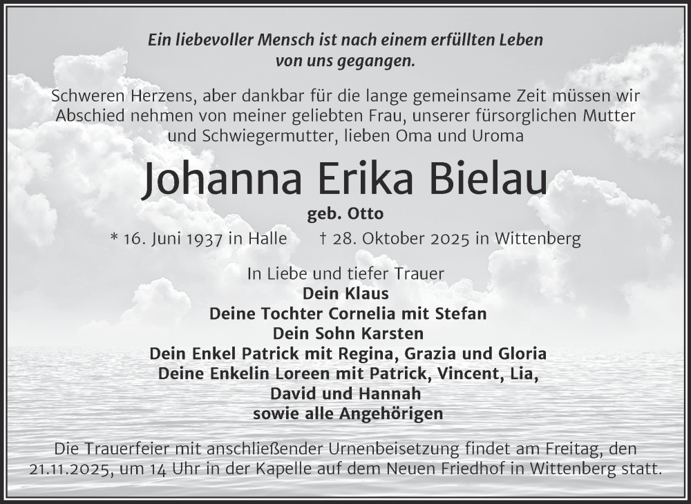  Traueranzeige für Johanna Erika Bielau vom 08.11.2025 aus Trauerkombi Wittenberg