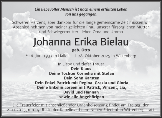 Traueranzeige von Johanna Erika Bielau von Trauerkombi Wittenberg