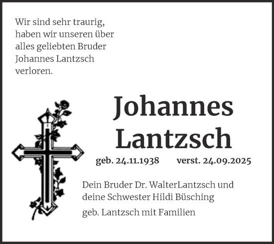 Traueranzeige von Johannes Lantzsch von Trauerkombi Dessau