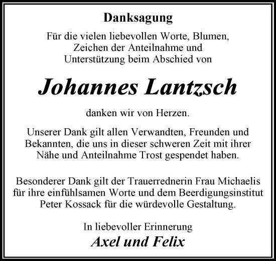 Traueranzeige von Johannes Lantzsch von Trauerkombi Dessau