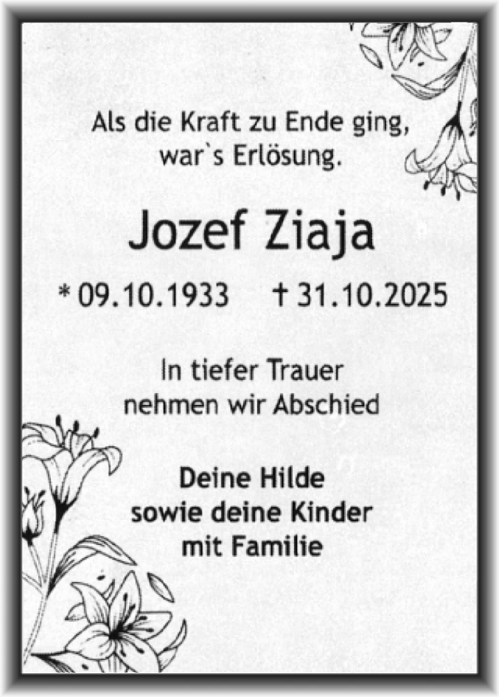  Traueranzeige für Jozef Ziaja vom 15.11.2025 aus Mitteldeutsche Zeitung Halle/Saalkreis
