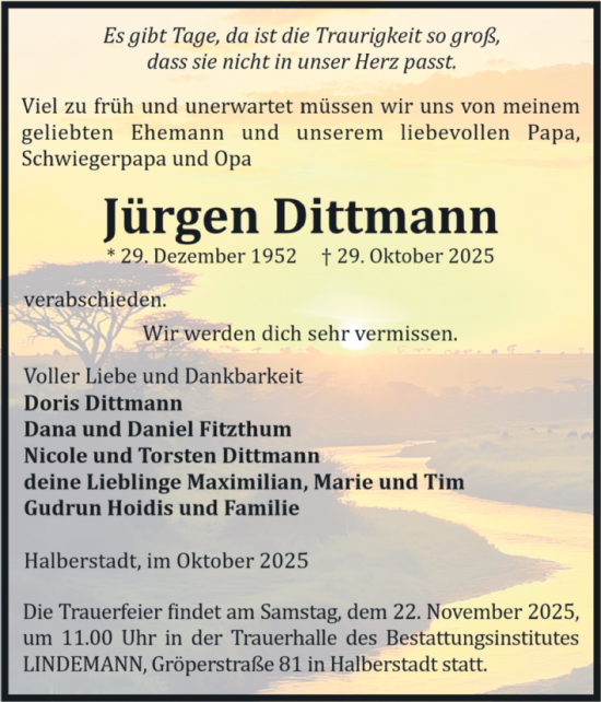 Traueranzeige von Jürgen Dittmann von Volksstimme Halberstadt