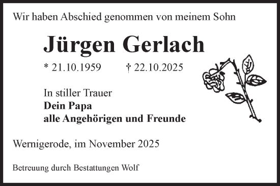 Traueranzeige von Jürgen Gerlach von Volksstimme Wernigerode