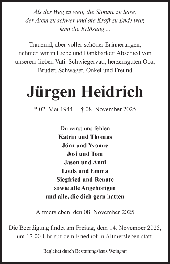 Traueranzeige von Jürgen Heidrich von Volksstimme Altmark West