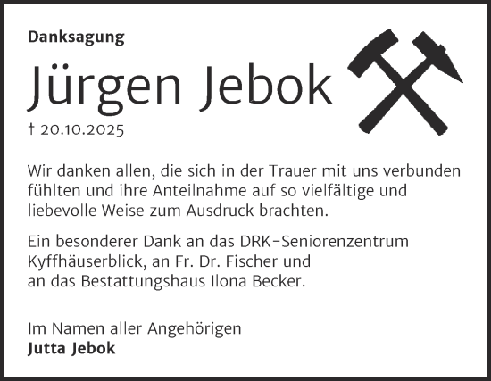 Traueranzeige von Jürgen Jebok von Trauerkombi Sangerhausen
