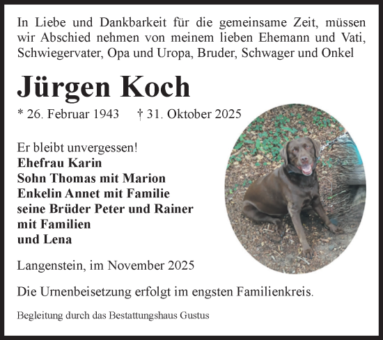 Traueranzeige von Jürgen Koch von Volksstimme Halberstadt