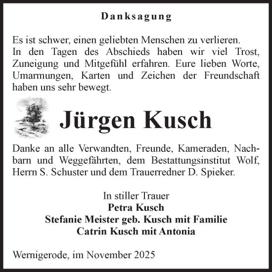 Traueranzeige von Jürgen Kusch von Volksstimme Wernigerode