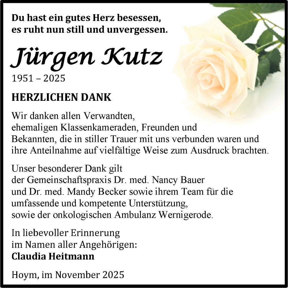  Traueranzeige für Jürgen Kutz vom 22.11.2025 aus Trauerkombi Aschersleben
