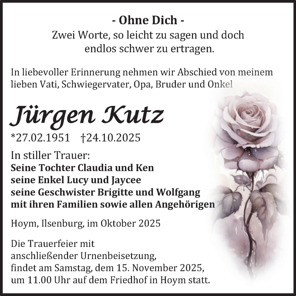 Traueranzeige für Jürgen Kutz vom 01.11.2025 aus Trauerkombi Aschersleben