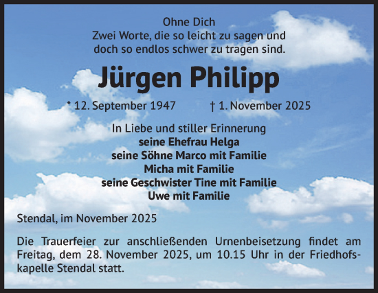 Traueranzeige von Jürgen Philipp von Volksstimme Altmark Ost