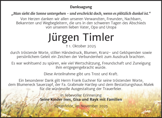 Traueranzeige von Jürgen Timler von Trauerkombi Quedlinburg