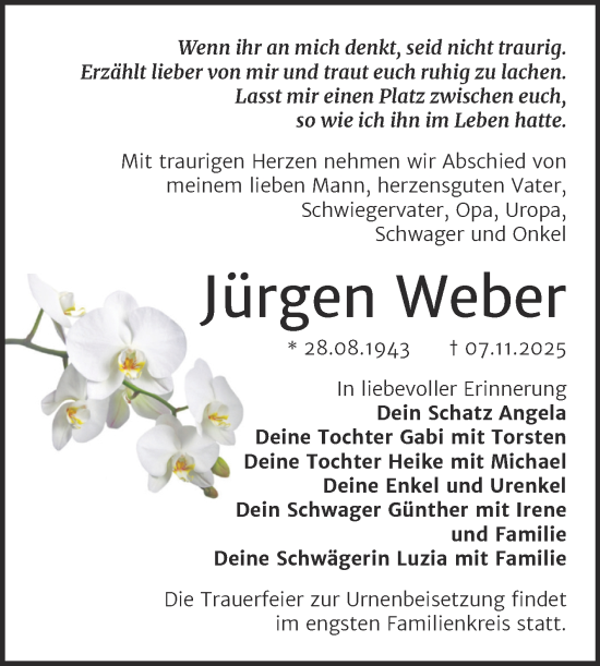 Traueranzeige von Jürgen Weber von Trauerkombi Merseburg