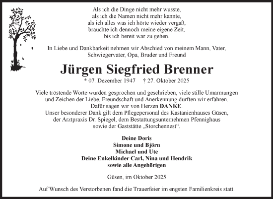 Traueranzeige von Jürgen Siegfried Brenner von Volksstimme Burg/Genthin