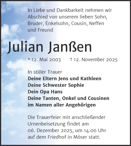 Traueranzeige von Julian Janßen von Volksstimme Burg/Genthin