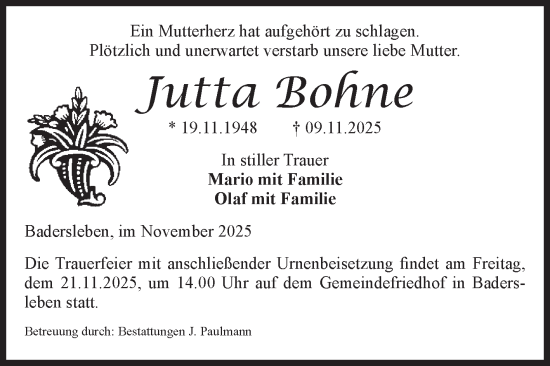 Traueranzeige von Jutta Bohne von Volksstimme Halberstadt