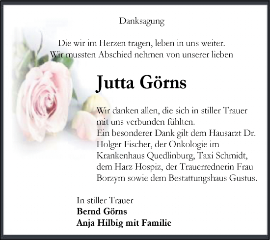 Traueranzeige von Jutta Görns von Super Sonntag Quedlingburg