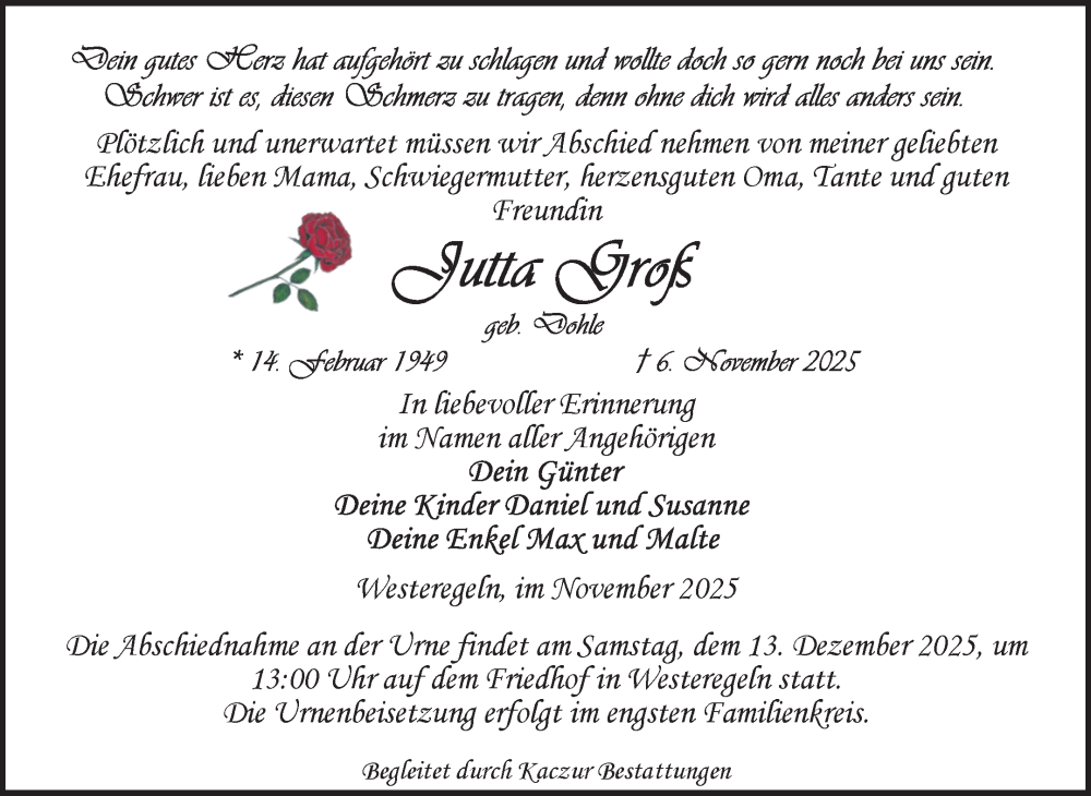  Traueranzeige für Jutta Groß vom 15.11.2025 aus Volksstimme Staßfurt