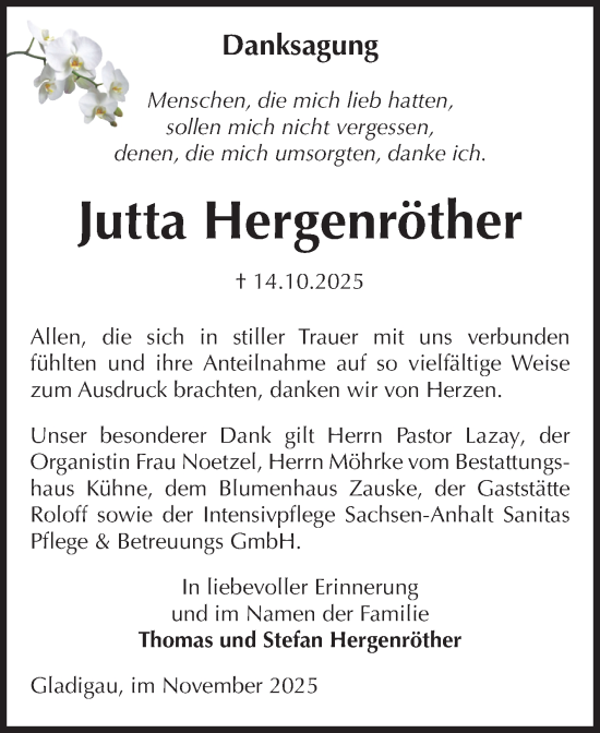 Traueranzeige von Jutta Hergenröther von Volksstimme Altmark Ost