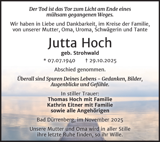 Traueranzeige von Jutta Hoch von Trauerkombi Merseburg