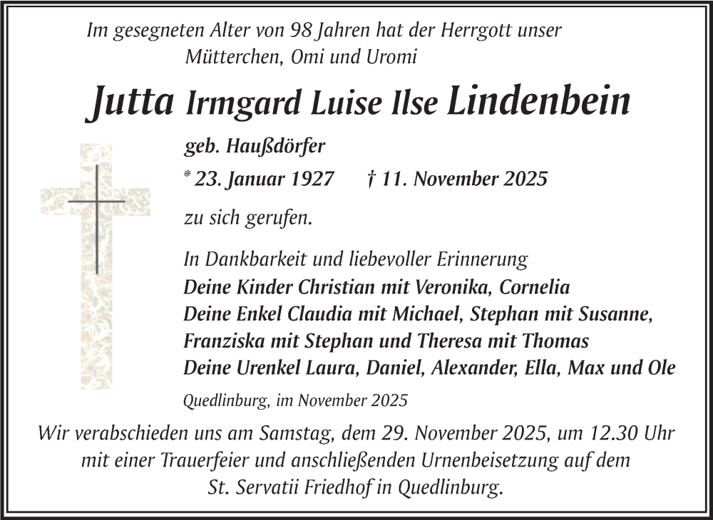  Traueranzeige für Jutta Irmgard Luise Ilse Lindenbein vom 22.11.2025 aus Mitteldeutsche Zeitung Quedlingburg