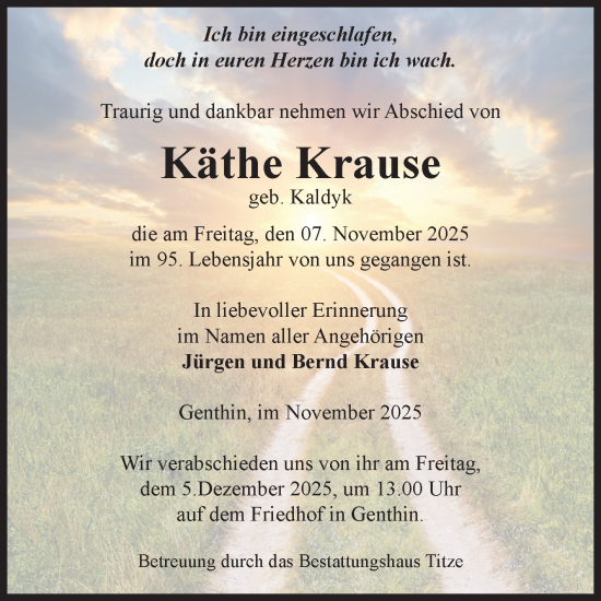 Traueranzeige von Käthe Krause von Volksstimme Burg/Genthin