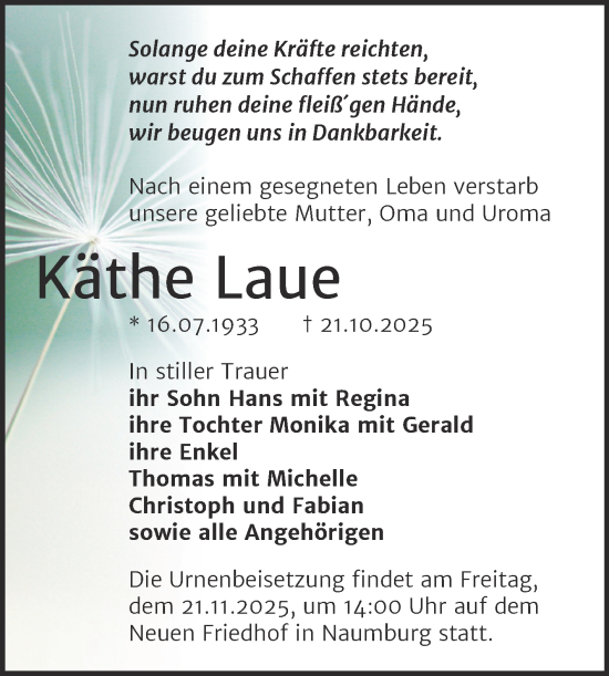 Traueranzeige von Käthe Laue von Super Sonntag Naumburg/Nebra