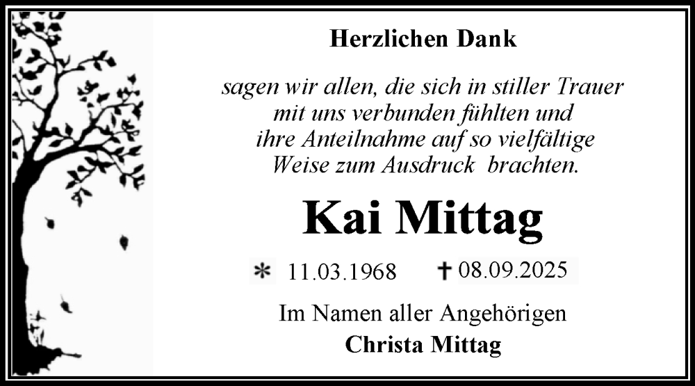  Traueranzeige für Kai Mittag vom 01.11.2025 aus Trauerkombi Wittenberg