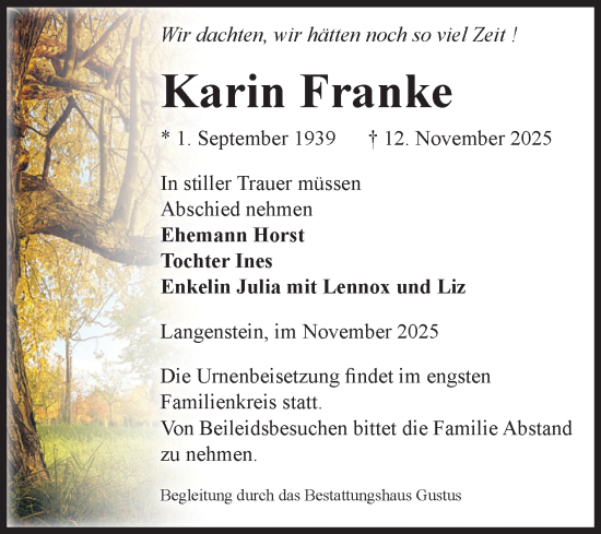 Traueranzeige von Karin Franke von Volksstimme Halberstadt