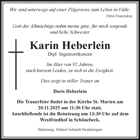 Traueranzeige von Karin Heberlein von Volksstimme Schönebeck