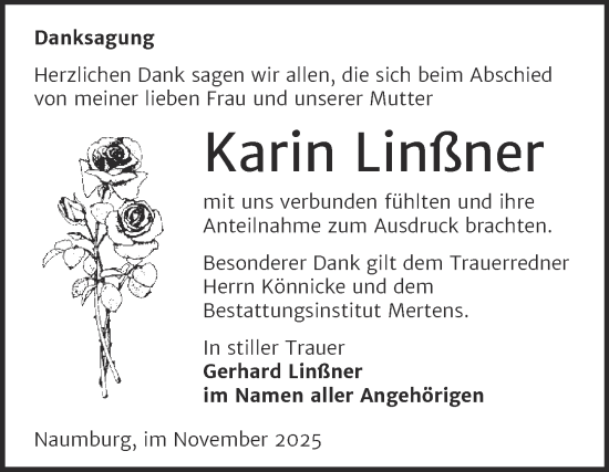 Traueranzeige von Karin Linßner von Super Sonntag Naumburg/Nebra