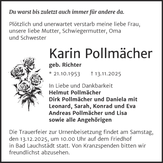 Traueranzeige von Karin Pollmächer von Trauerkombi Merseburg