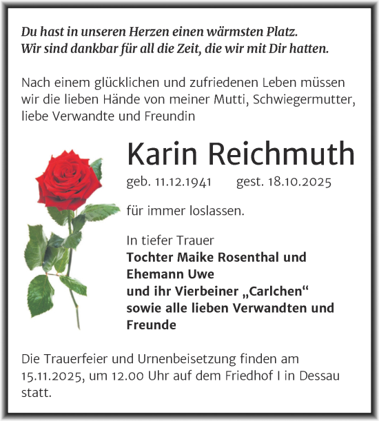 Traueranzeige von Karin Reichmuth von Trauerkombi Dessau