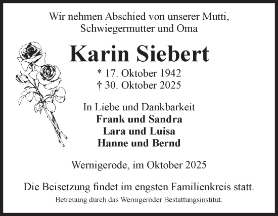 Traueranzeige von Karin Siebert von Volksstimme Wernigerode